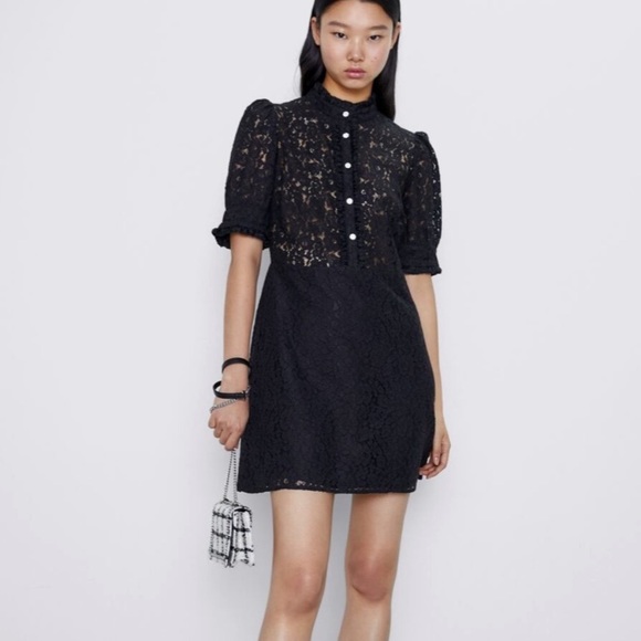 Zara NWT Luxury Party Festive Wedding Holiday black lace dress w/jewel buttons - Picture 3 of 9